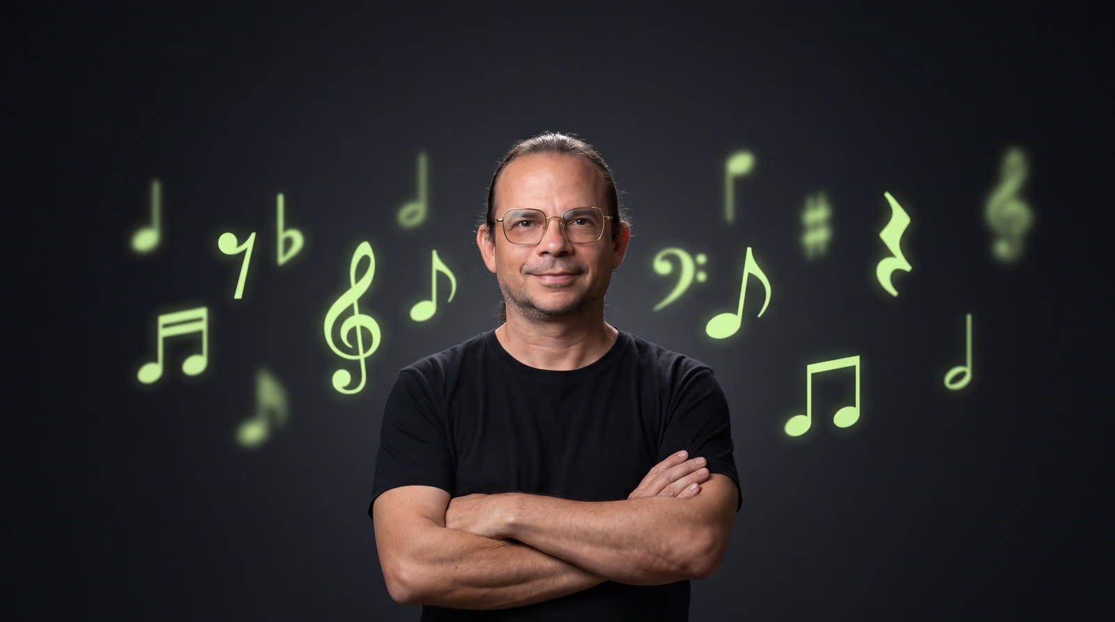 Professor de óculos e camiseta preta, de braços cruzados, cercado por notas musicais em verde